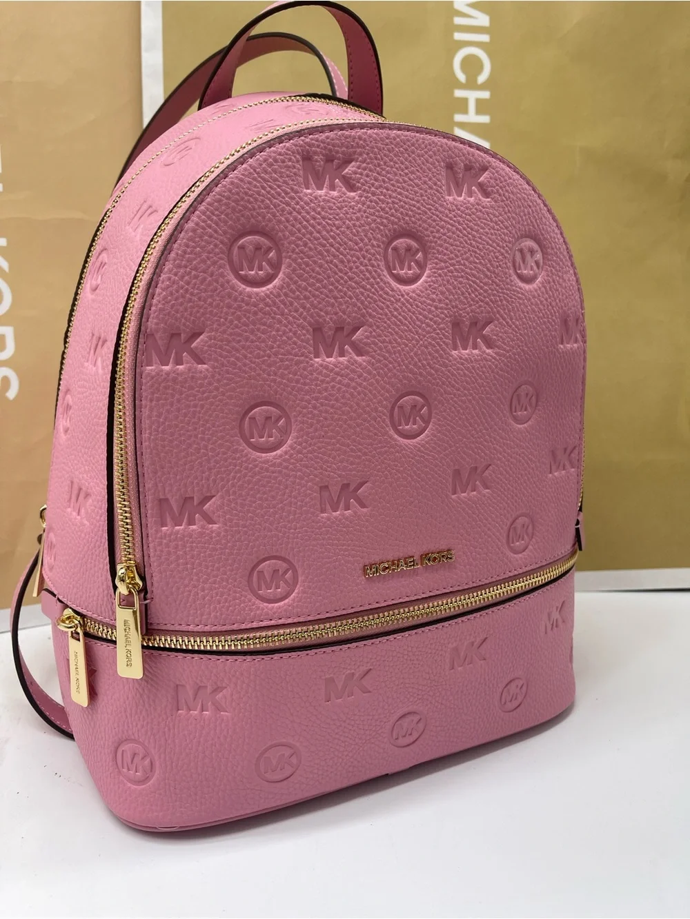Michael Kors Rhea Medium Zip MK Logo Debossed Backpack Carnation NWT